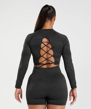 Dámské Oříznuté Topy Gymshark Adapt Camo Seamless Krajkové Up Back Černé Černé Šedé | CZ 3735SGL